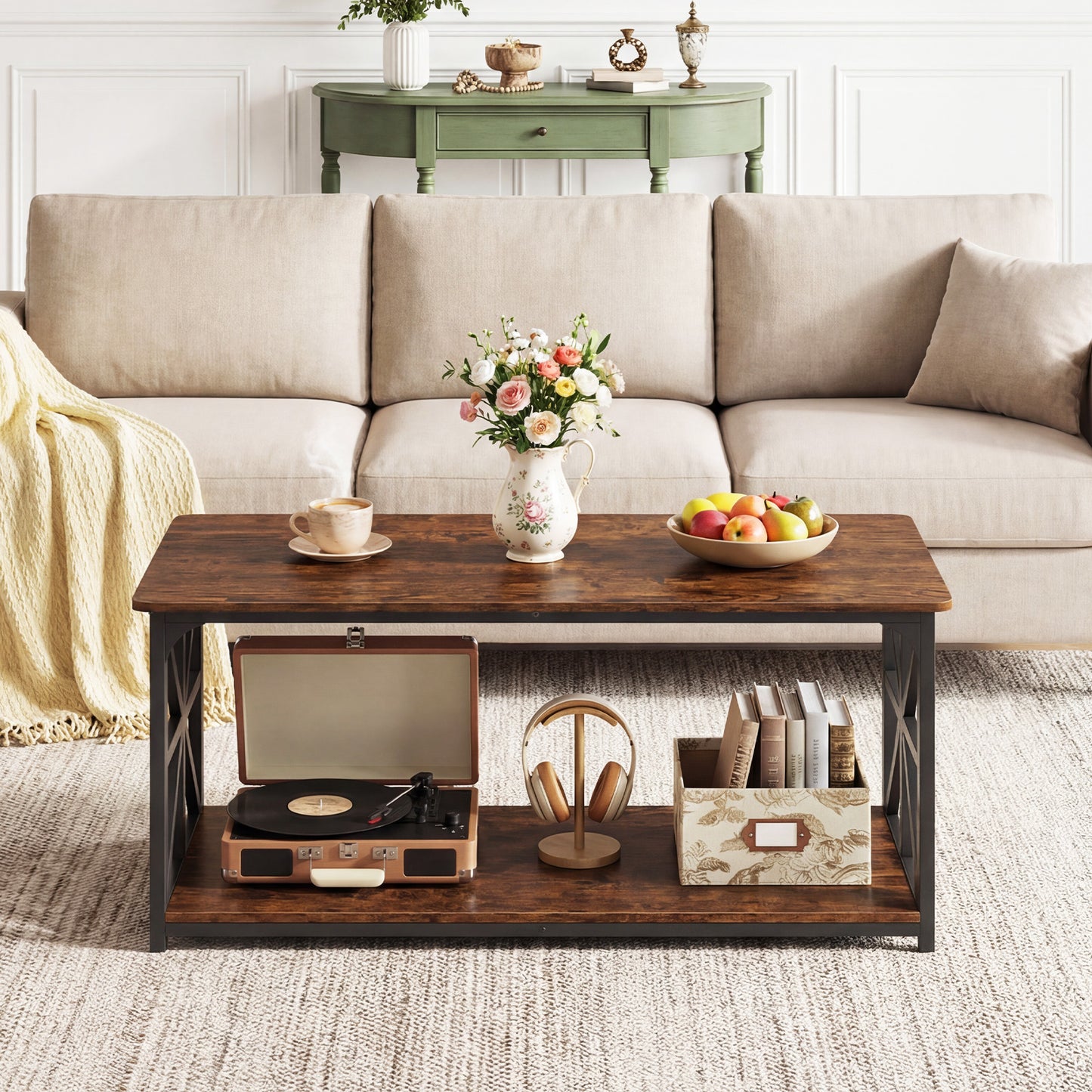 Coffee Table Industrial Farmhouse Accent Table with Open Storage Shelf-Rustic Brown