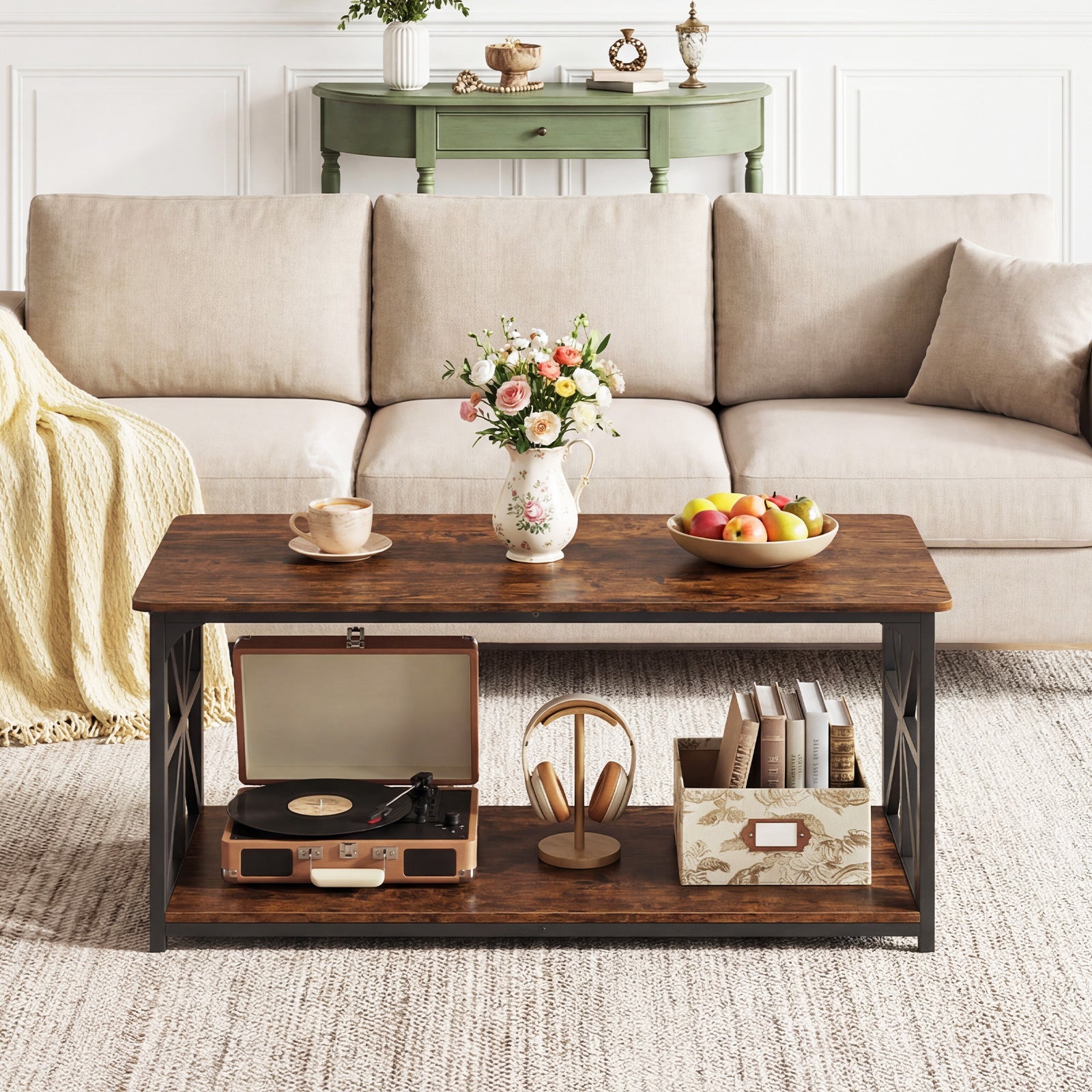Coffee Table Industrial Farmhouse Accent Table with Open Storage Shelf-Rustic Brown