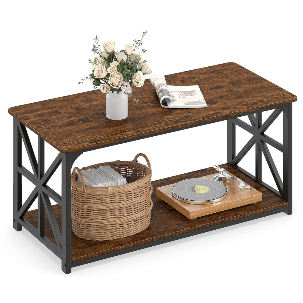 Coffee Table Industrial Farmhouse Accent Table with Open Storage Shelf-Rustic Brown