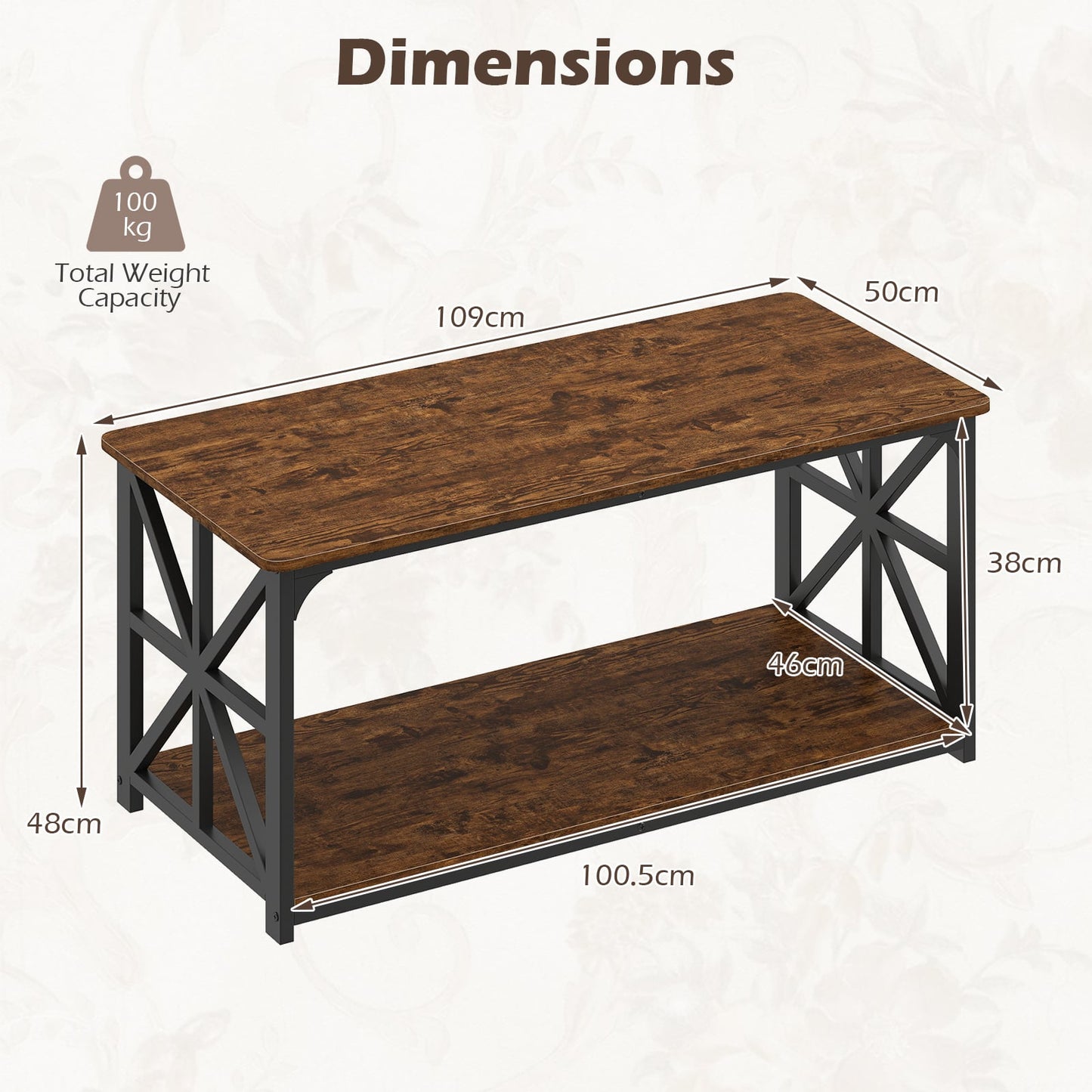 Coffee Table Industrial Farmhouse Accent Table with Open Storage Shelf-Rustic Brown