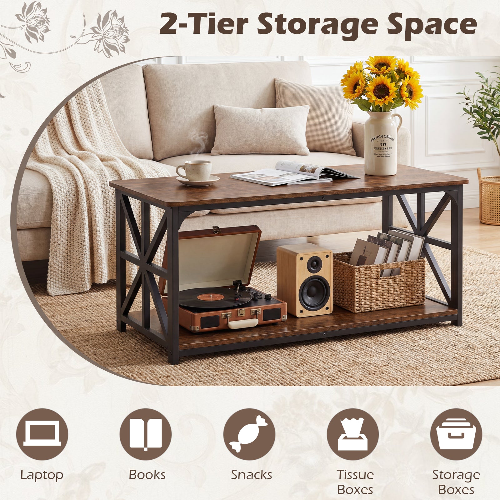 Coffee Table Industrial Farmhouse Accent Table with Open Storage Shelf-Rustic Brown