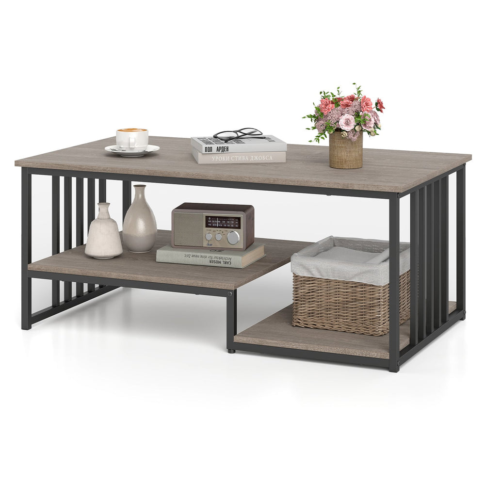 Coffee Table Rectangular Center Table with 2 Storage Shelves and Heavy-duty Metal Frame-Grey