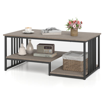 Coffee Table Rectangular Center Table with 2 Storage Shelves and Heavy-duty Metal Frame-Grey