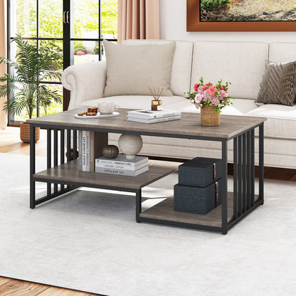 Coffee Table Rectangular Center Table with 2 Storage Shelves and Heavy-duty Metal Frame-Grey