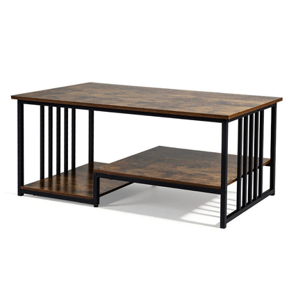Coffee Table Rectangular Center Table with 2 Storage Shelves and Heavy-duty Metal Frame-Rustic Brown
