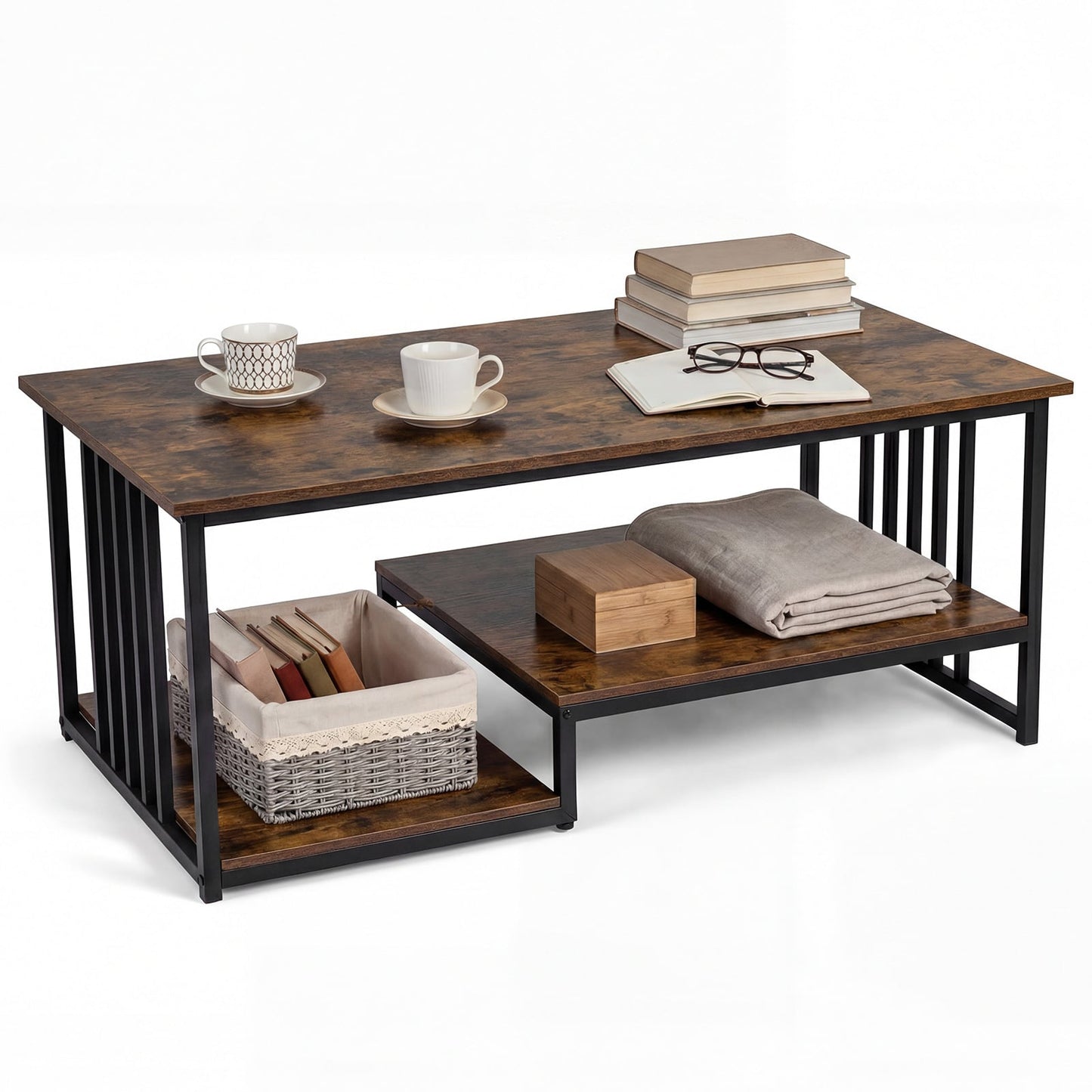 Coffee Table Rectangular Center Table with 2 Storage Shelves and Heavy-duty Metal Frame-Rustic Brown