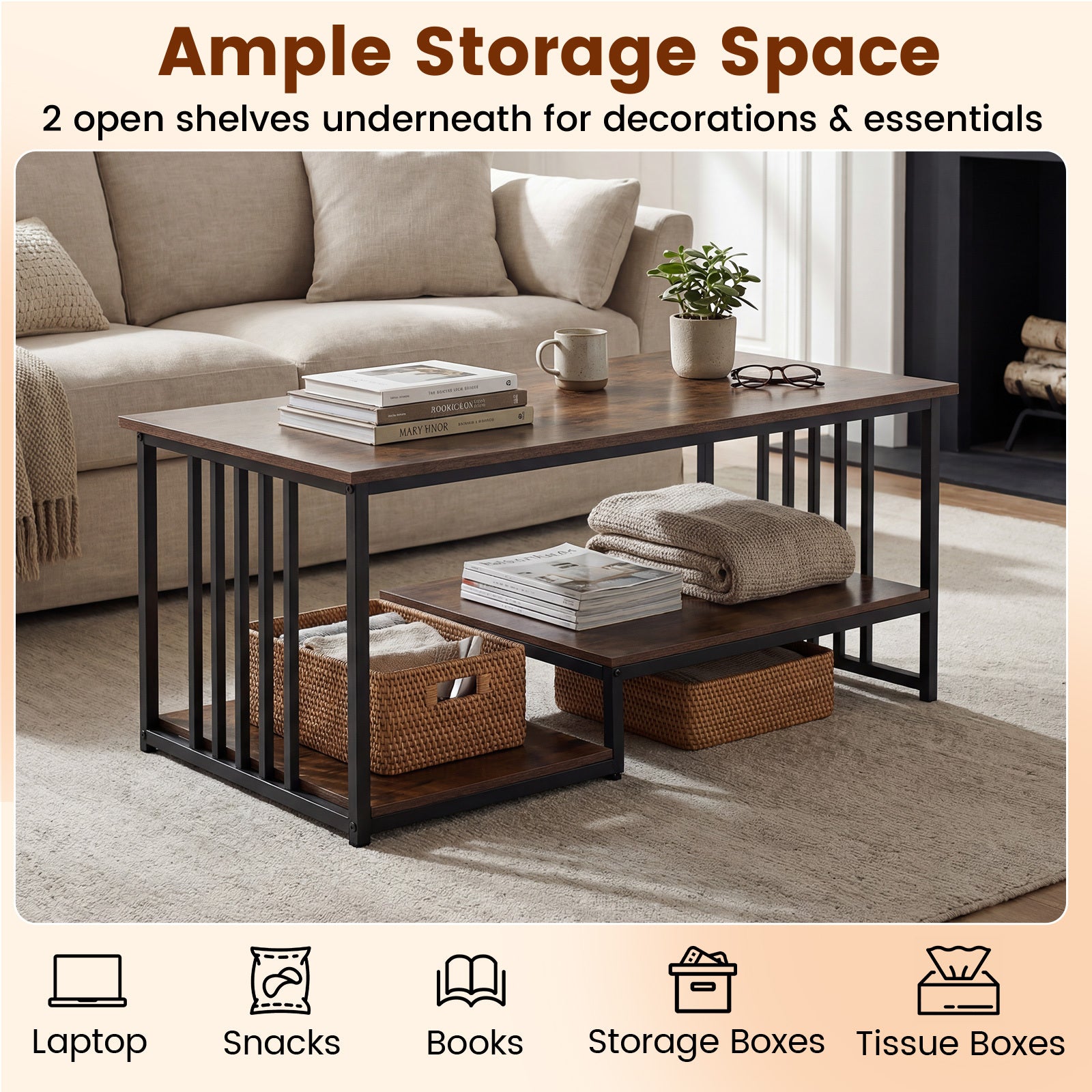 Coffee Table Rectangular Center Table with 2 Storage Shelves and Heavy-duty Metal Frame-Rustic Brown