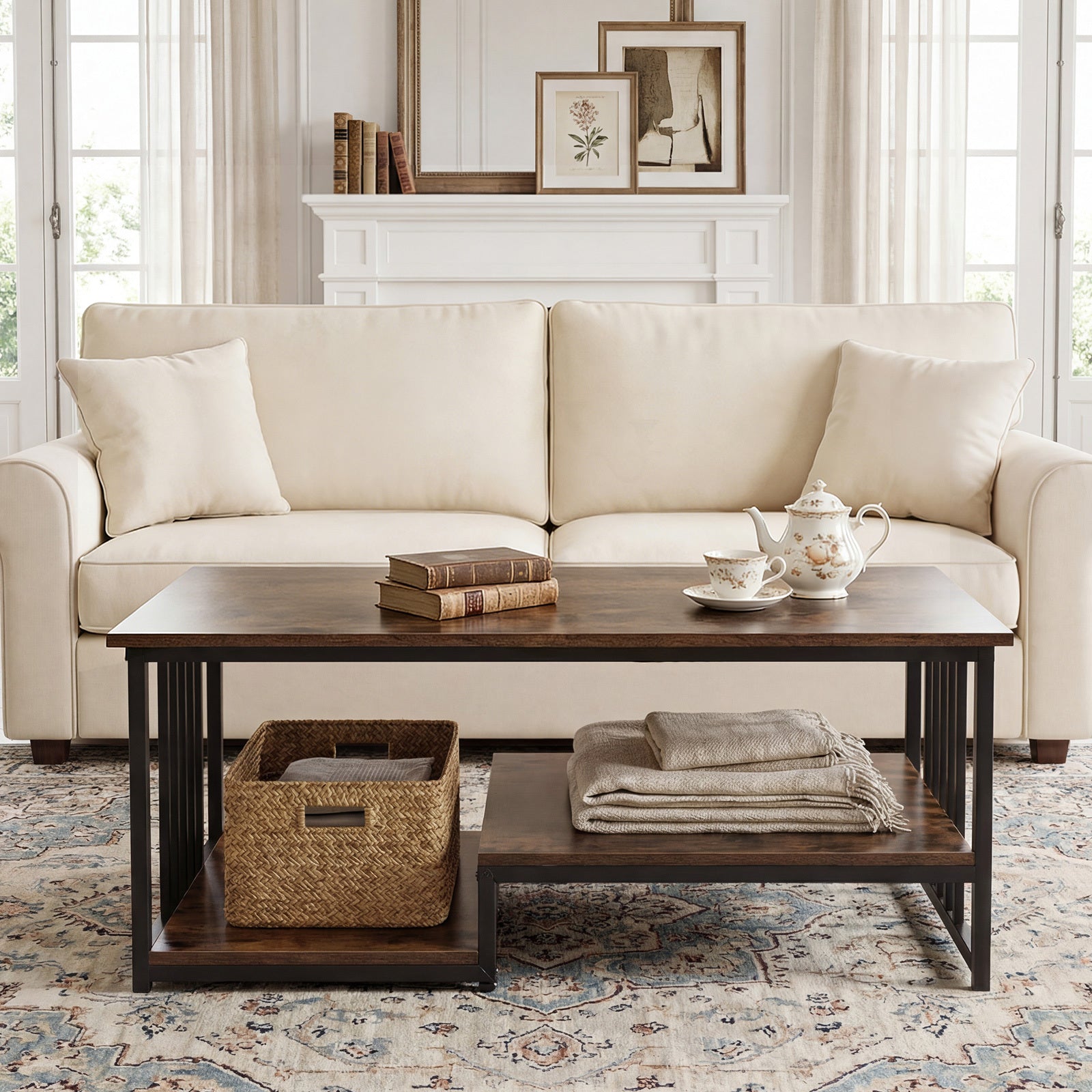 Coffee Table Rectangular Center Table with 2 Storage Shelves and Heavy-duty Metal Frame-Rustic Brown