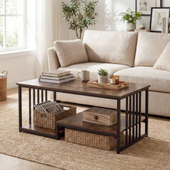 Coffee Table Rectangular Center Table with 2 Storage Shelves and Heavy-duty Metal Frame-Rustic Brown