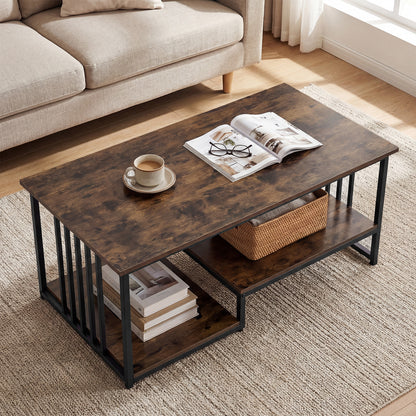 Coffee Table Rectangular Center Table with 2 Storage Shelves and Heavy-duty Metal Frame-Rustic Brown