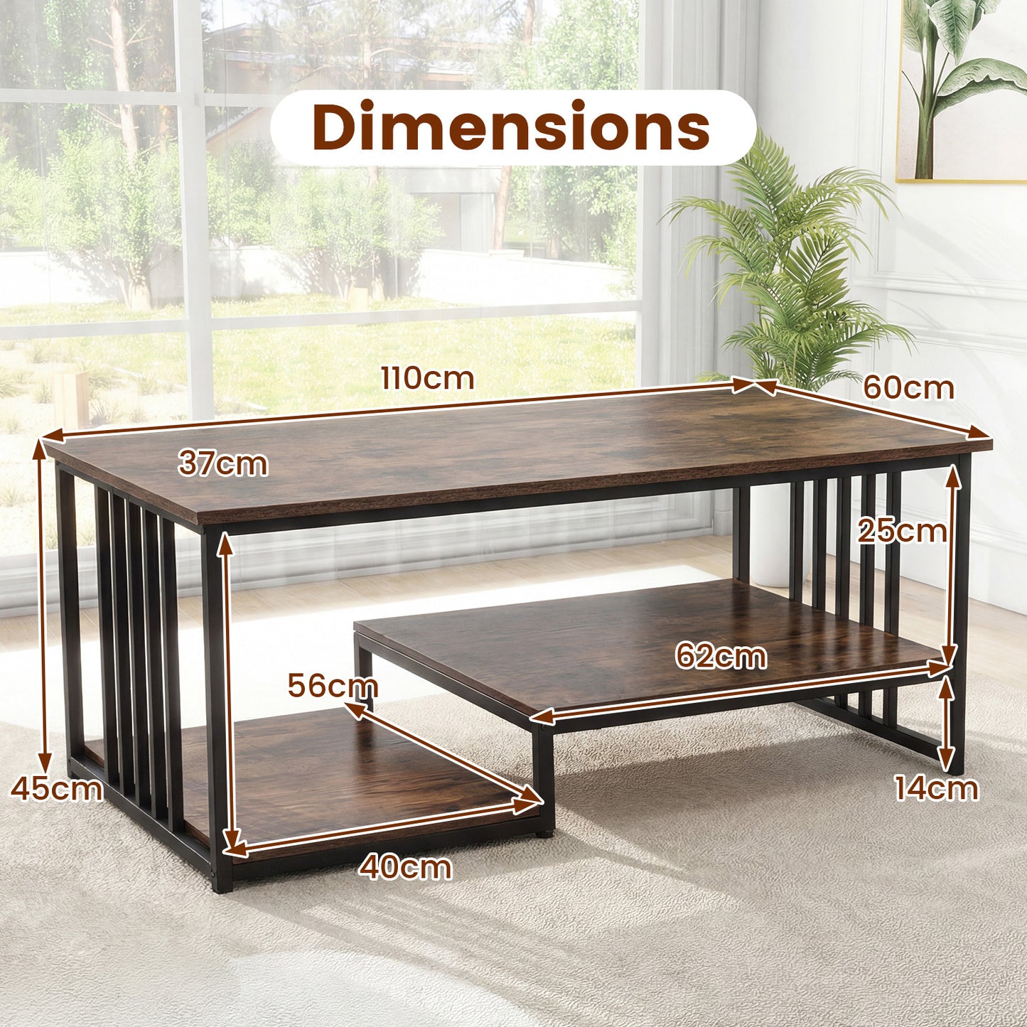 Coffee Table Rectangular Center Table with 2 Storage Shelves and Heavy-duty Metal Frame-Rustic Brown