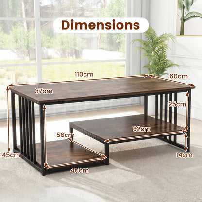Coffee Table Rectangular Center Table with 2 Storage Shelves and Heavy-duty Metal Frame-Rustic Brown