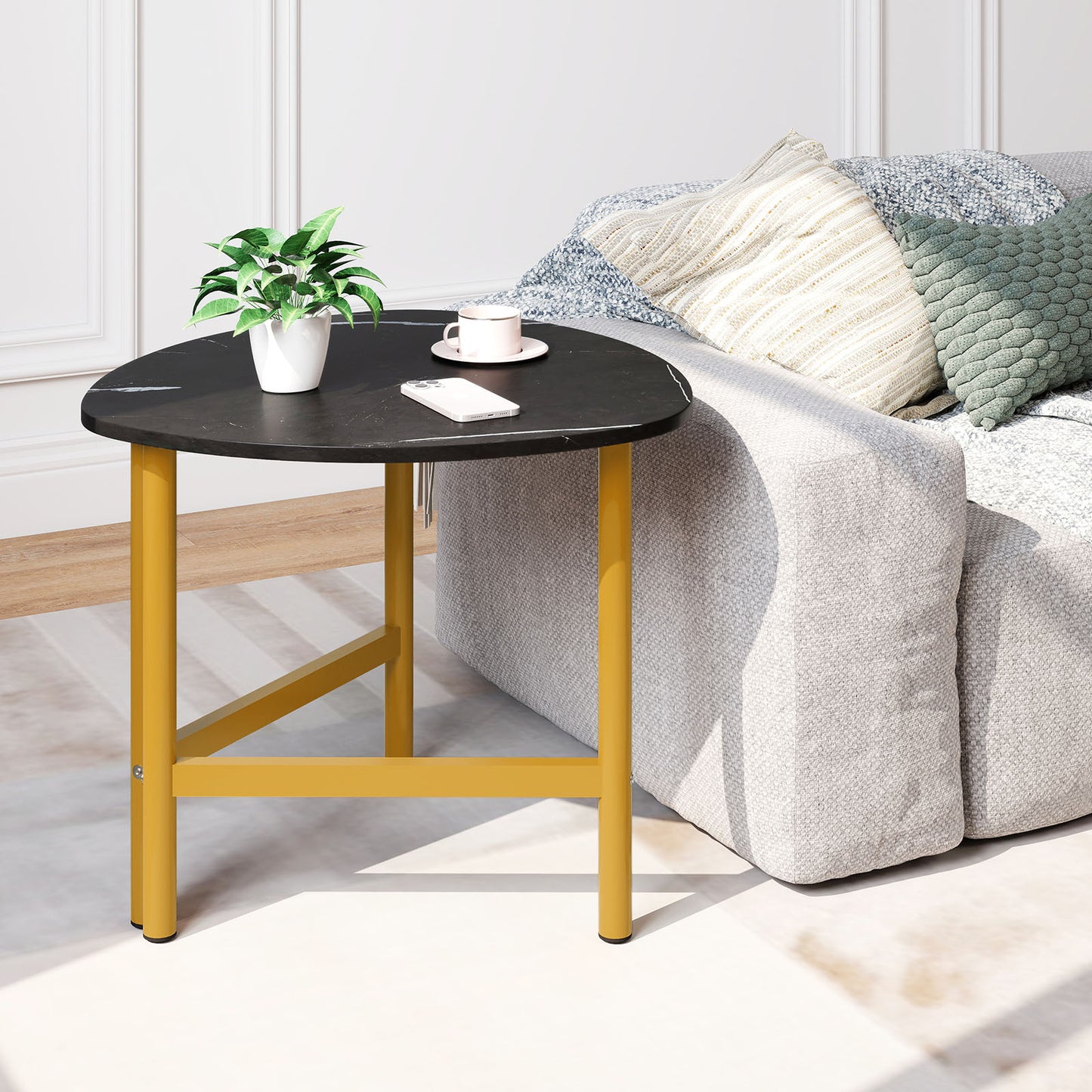 Coffee Table Triangle Center Table with Metal Legs Industrial Accent Sofa Table-Black