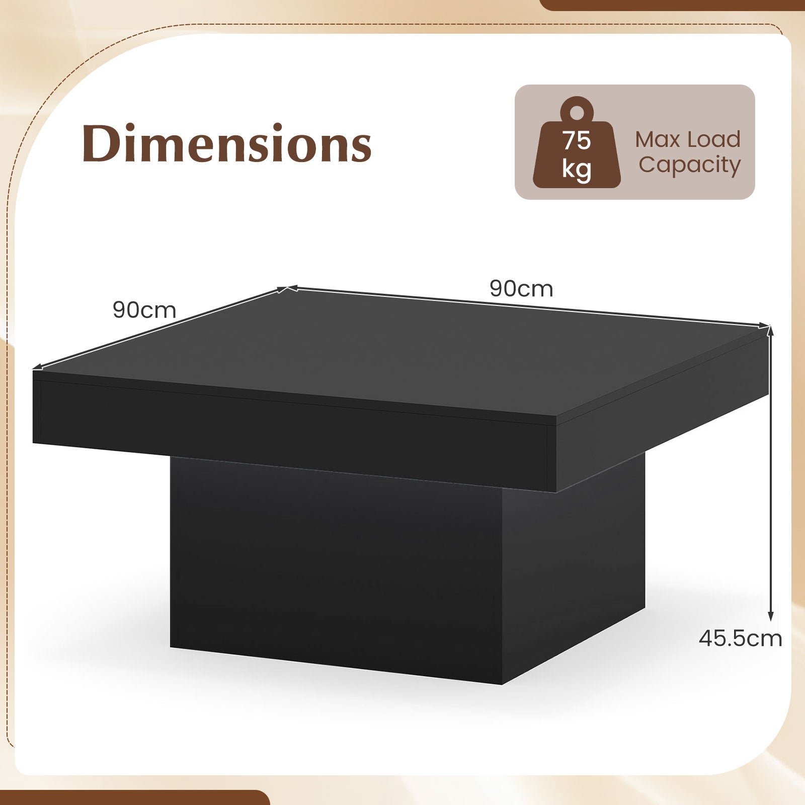 Coffee Table with LED Lights Square Center Table with Remote and 20 Static Colors-Black