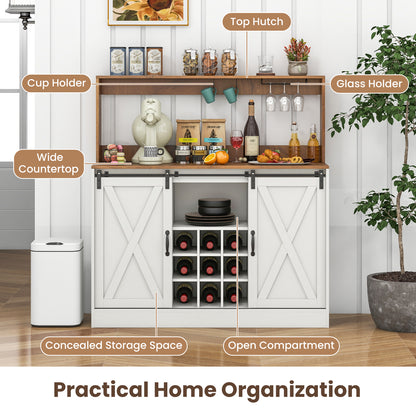 Coffee Bar Cabinet with Charging Station and Sliding Barn Doors-White and Walnut