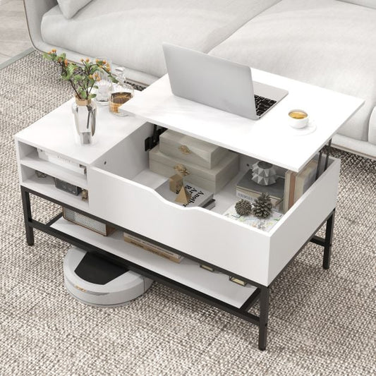 Lift Top Coffee Table with Hidden Compartment and Removable Shelf-White