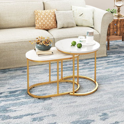 Set of 2 coffee tables with marble look, wooden side table with gold-colored metal legs