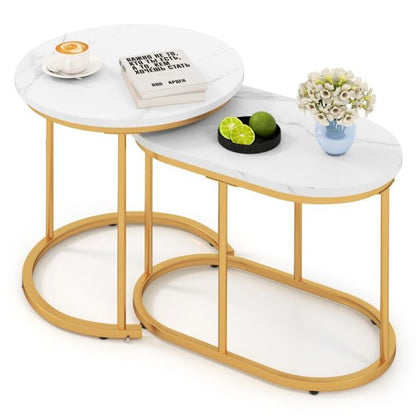 Set of 2 coffee tables with marble look, wooden side table with gold-colored metal legs