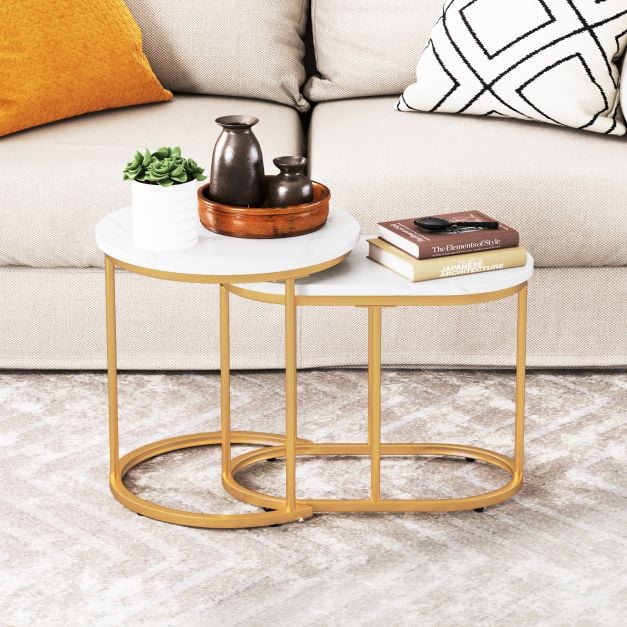 Set of 2 coffee tables with marble look, wooden side table with gold-colored metal legs