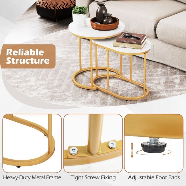 Set of 2 coffee tables with marble look, wooden side table with gold-colored metal legs