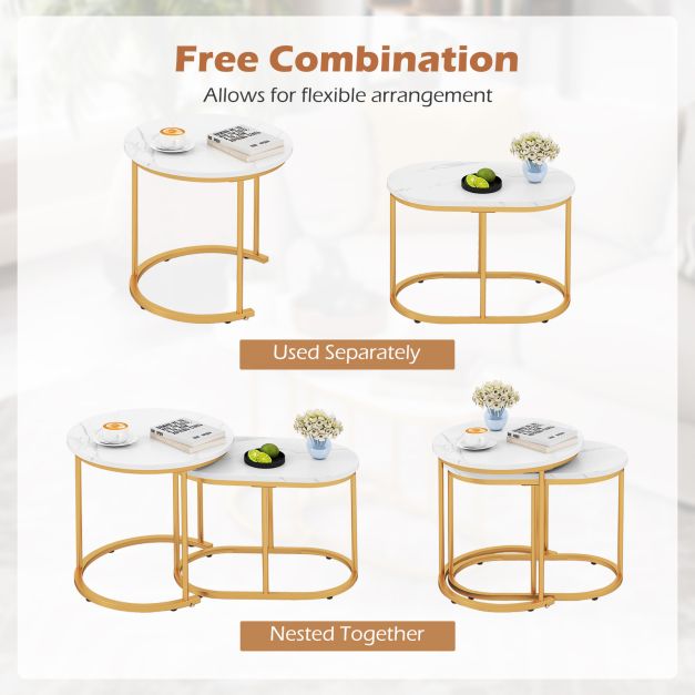 Set of 2 coffee tables with marble look, wooden side table with gold-colored metal legs