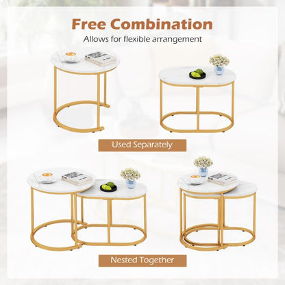 Set of 2 coffee tables with marble look, wooden side table with gold-colored metal legs