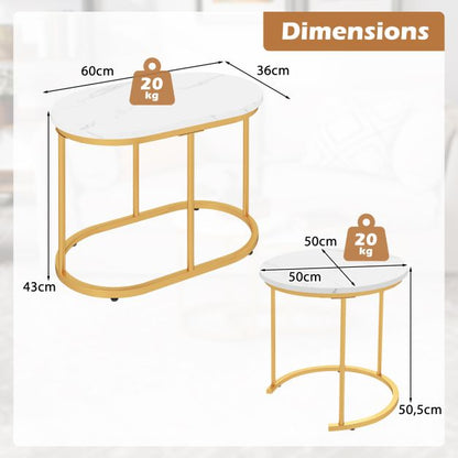 Set of 2 coffee tables with marble look, wooden side table with gold-colored metal legs