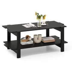 2-Tier Coffee Table Slatted Wood Center Table with Storage Shelf Accent Cocktail Table 120kg Capacity Black