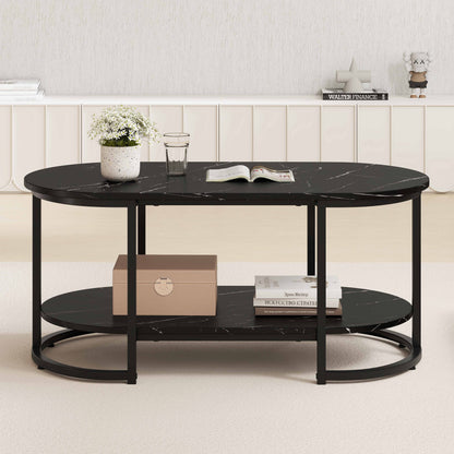 Marble Coffee Table with Open Storage Shelf-Black