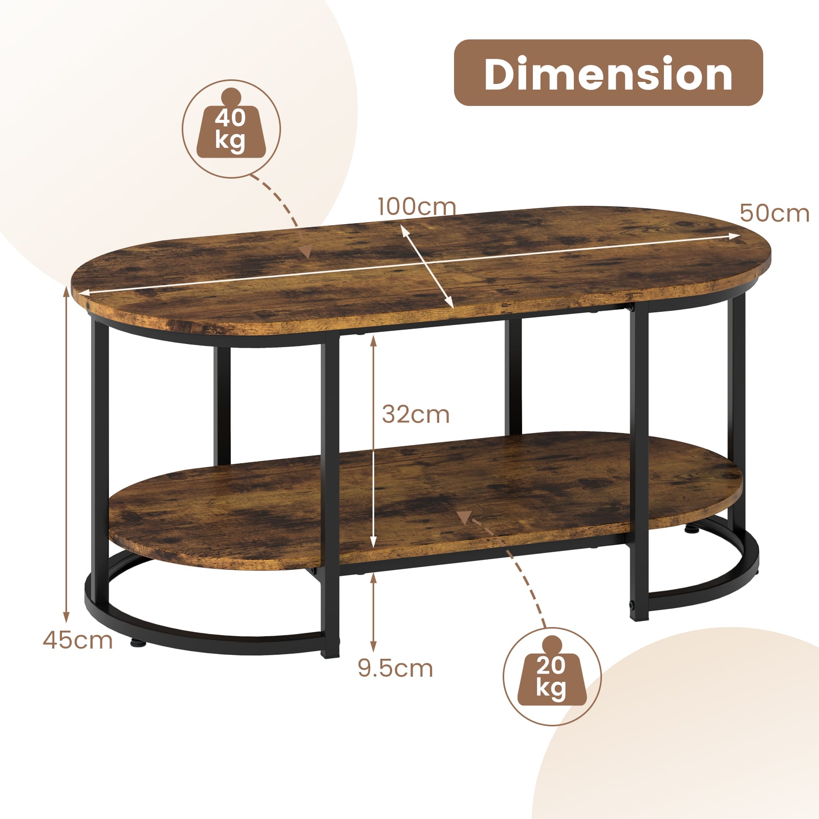 Marble Coffee Table with Open Storage Shelf-Rustic Brown