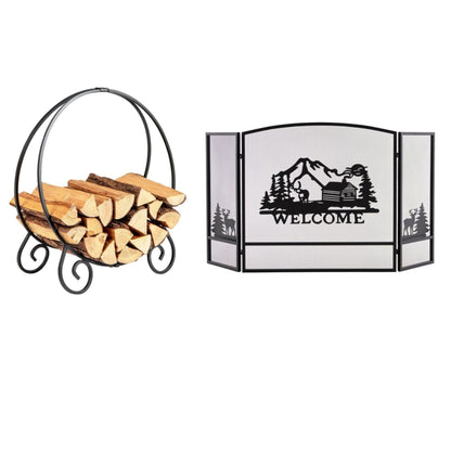 Collapsible Firewood Log Hoop and 3 Panel Fireplace Screen