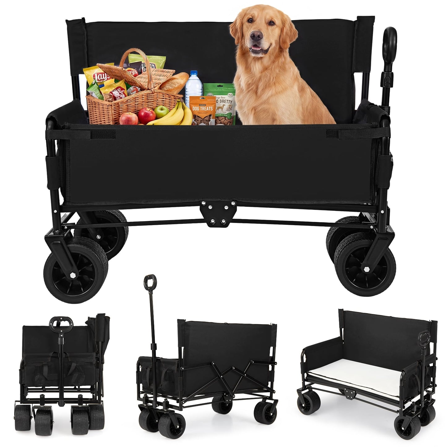 Collapsible Folding Beach Cart with Soft Cushions and Wheels-Black