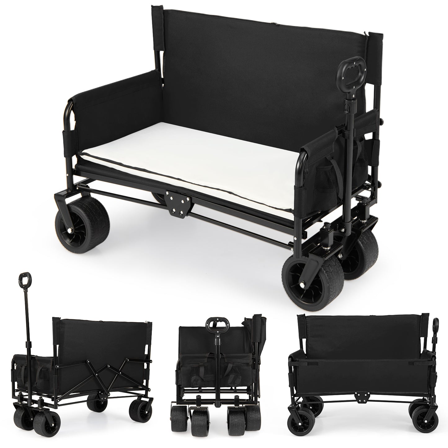 Collapsible Folding Beach Cart with Soft Cushions and Wheels-Black