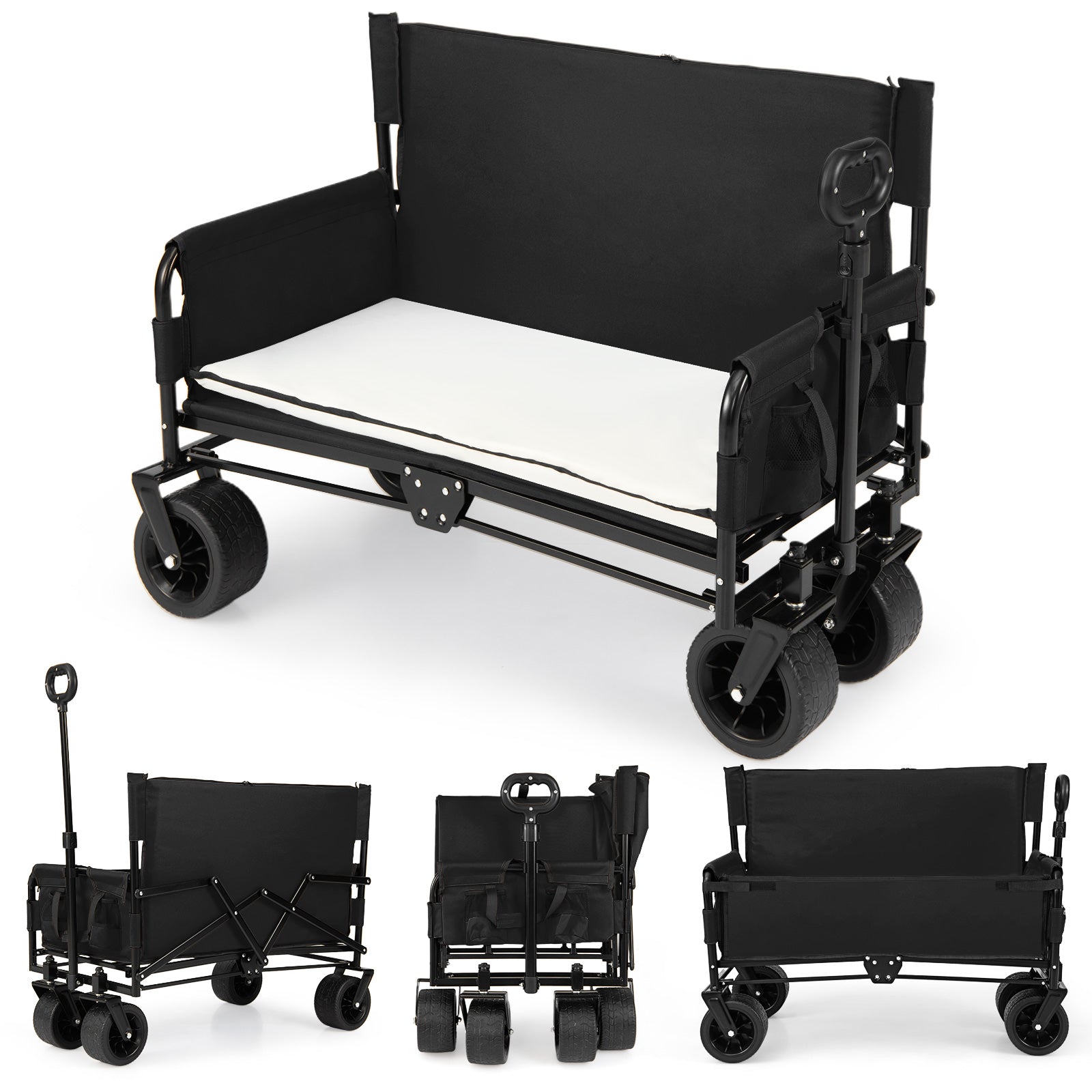 Collapsible Folding Beach Cart with Soft Cushions and Wheels-Black