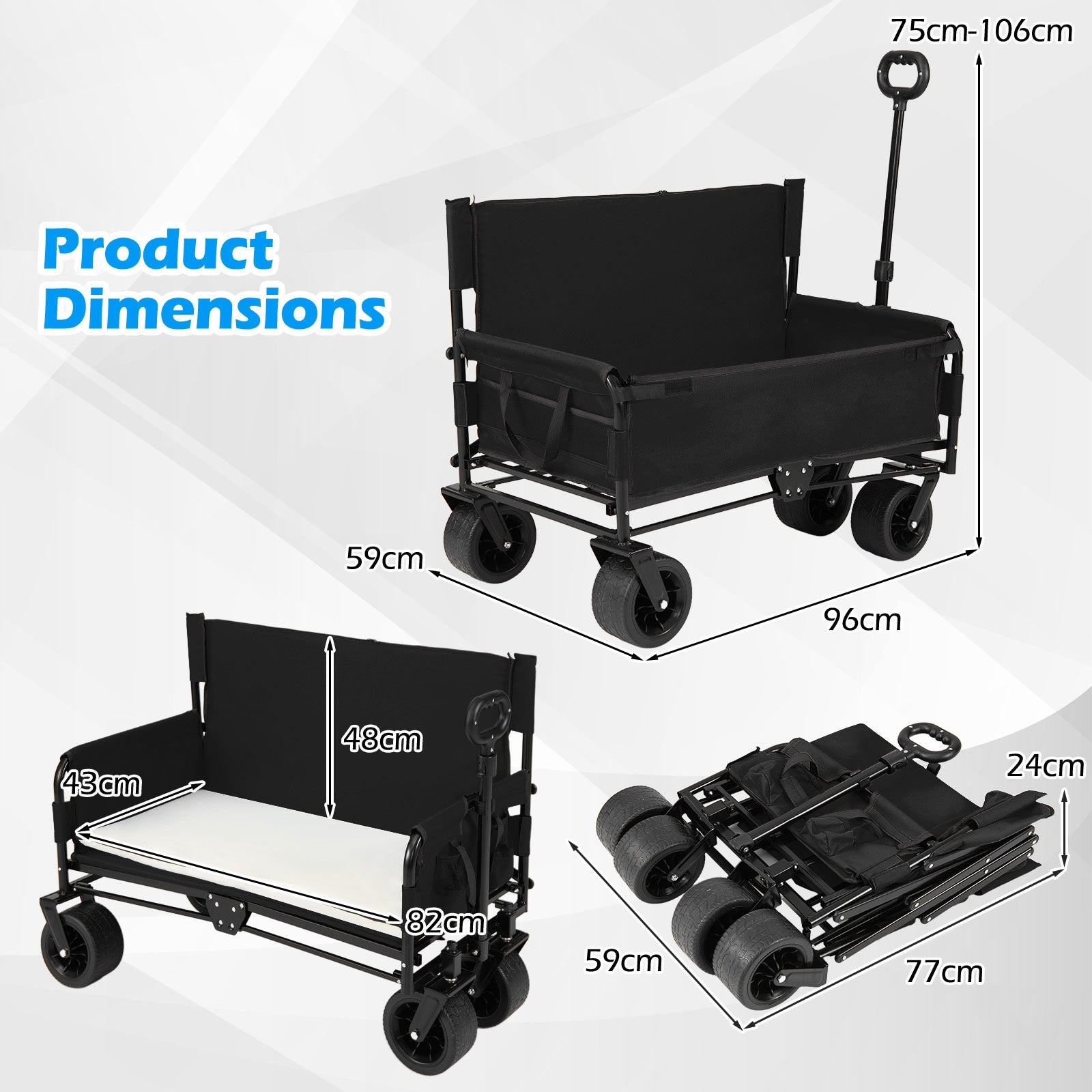 Collapsible Folding Beach Cart with Soft Cushions and Wheels-Black