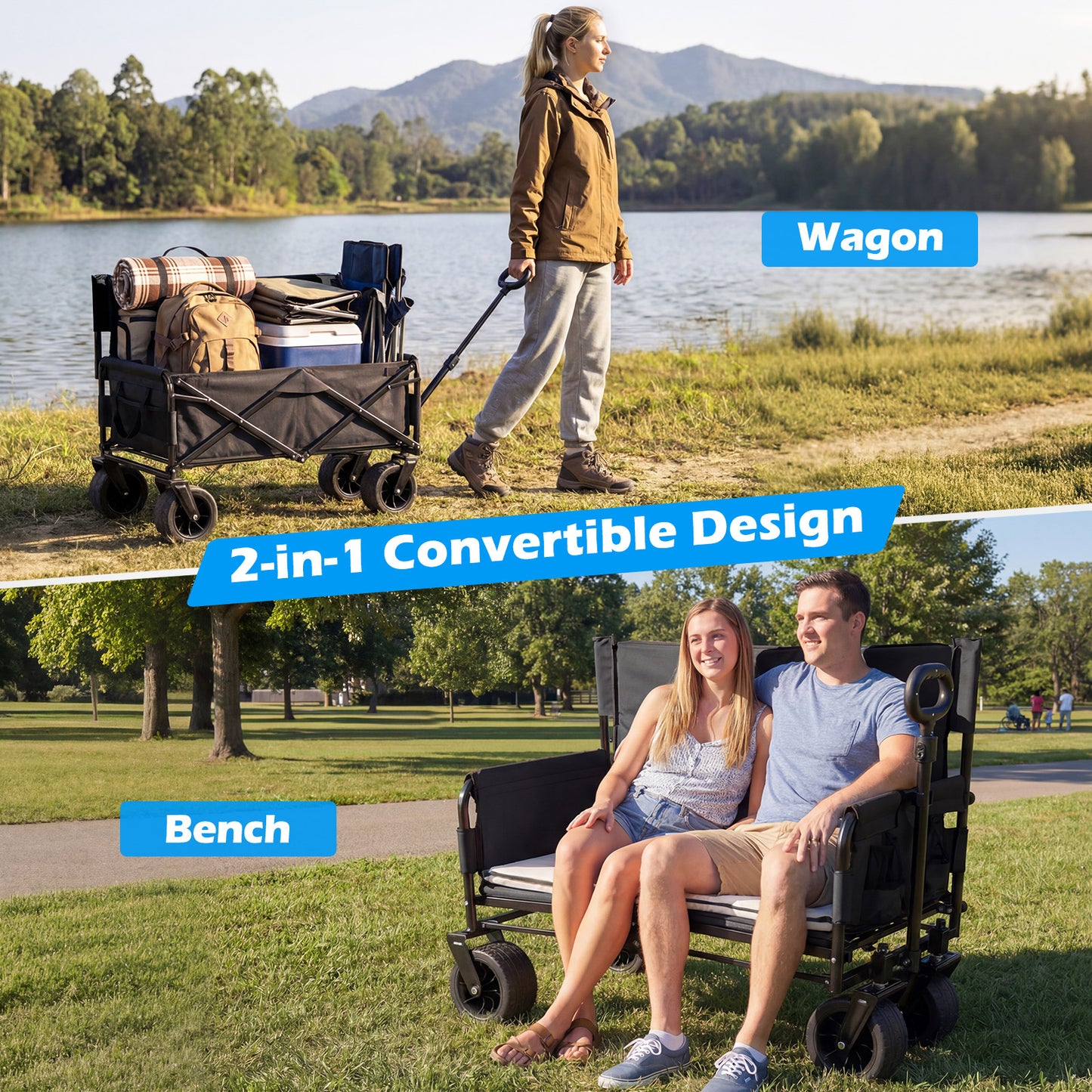 Collapsible Folding Beach Cart with Soft Cushions and Wheels-Black