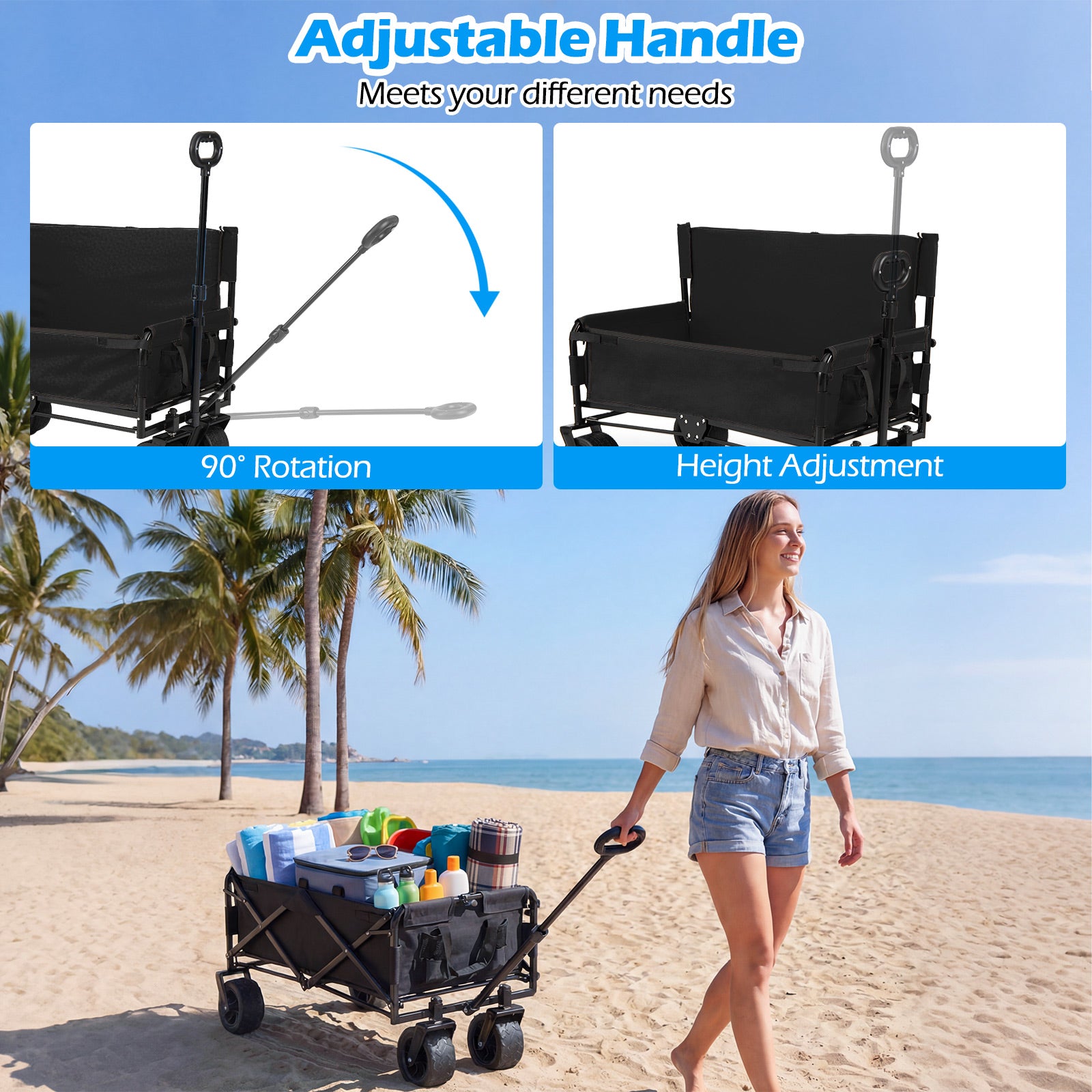 Collapsible Folding Beach Cart with Soft Cushions and Wheels-Black