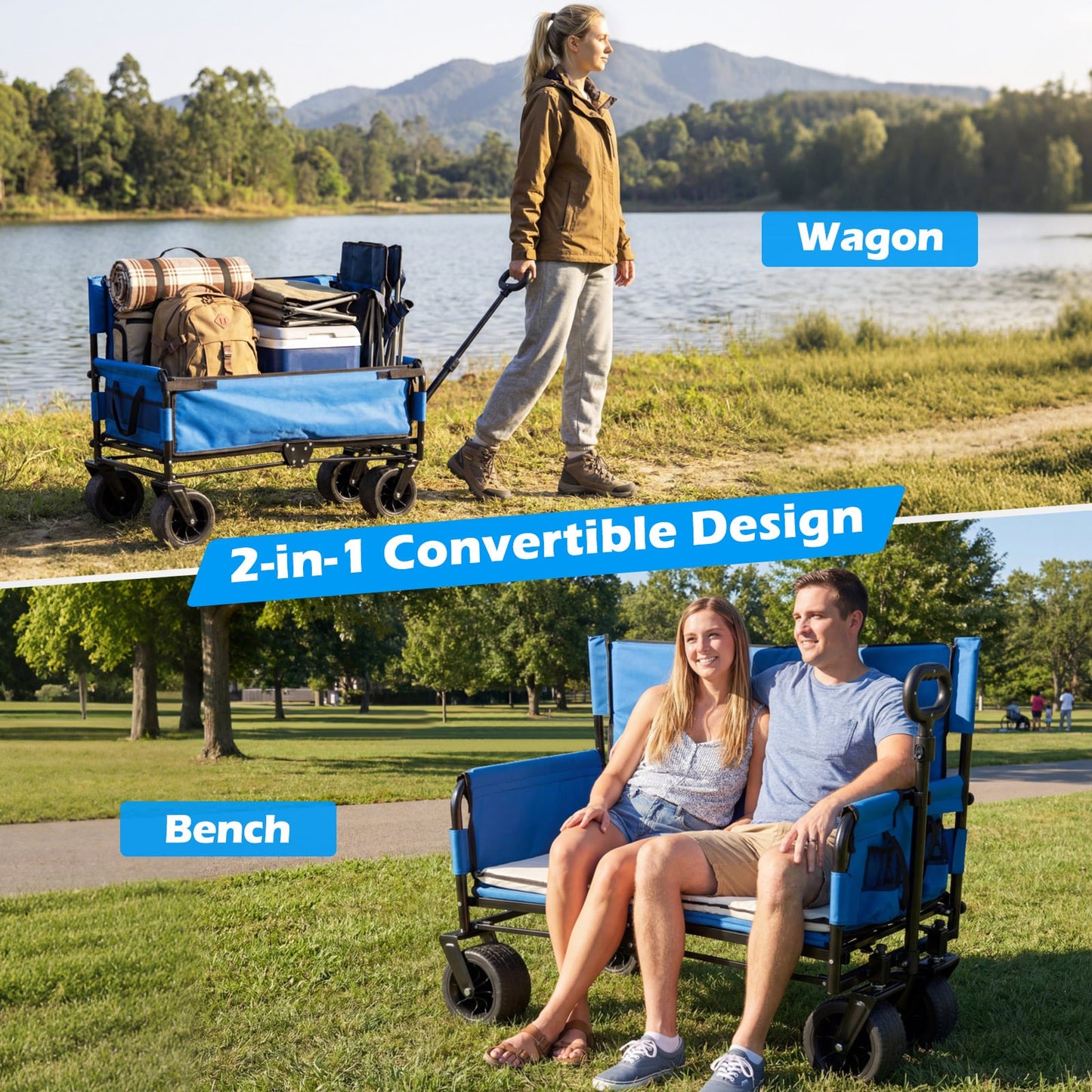 Collapsible Folding Beach Cart with Soft Cushions and Wheels-Blue