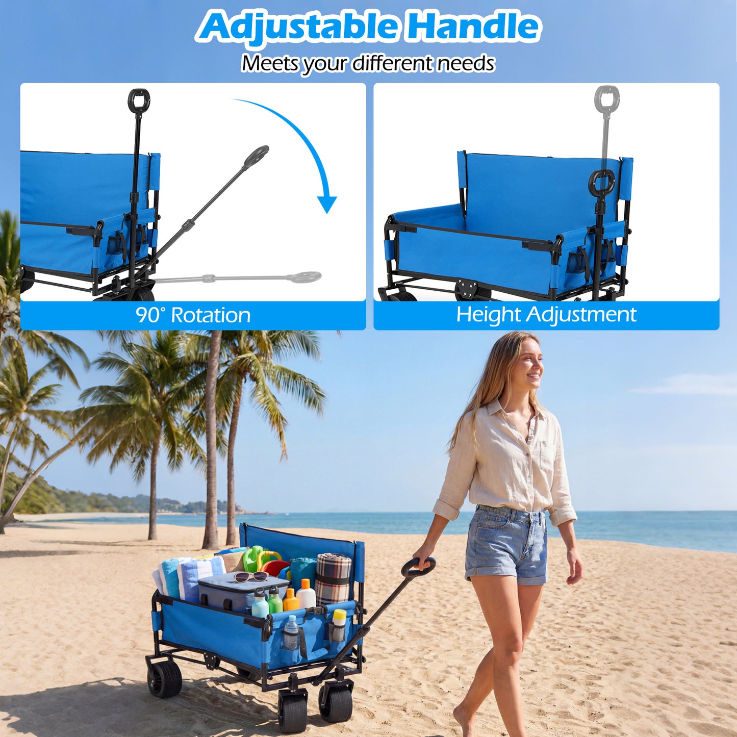 Collapsible Folding Beach Cart with Soft Cushions and Wheels-Blue