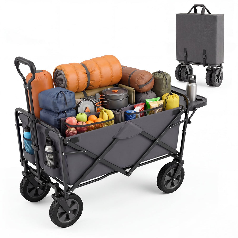 Collapsible Wagon Cart with Flexible Handle and Cup Holders-Grey