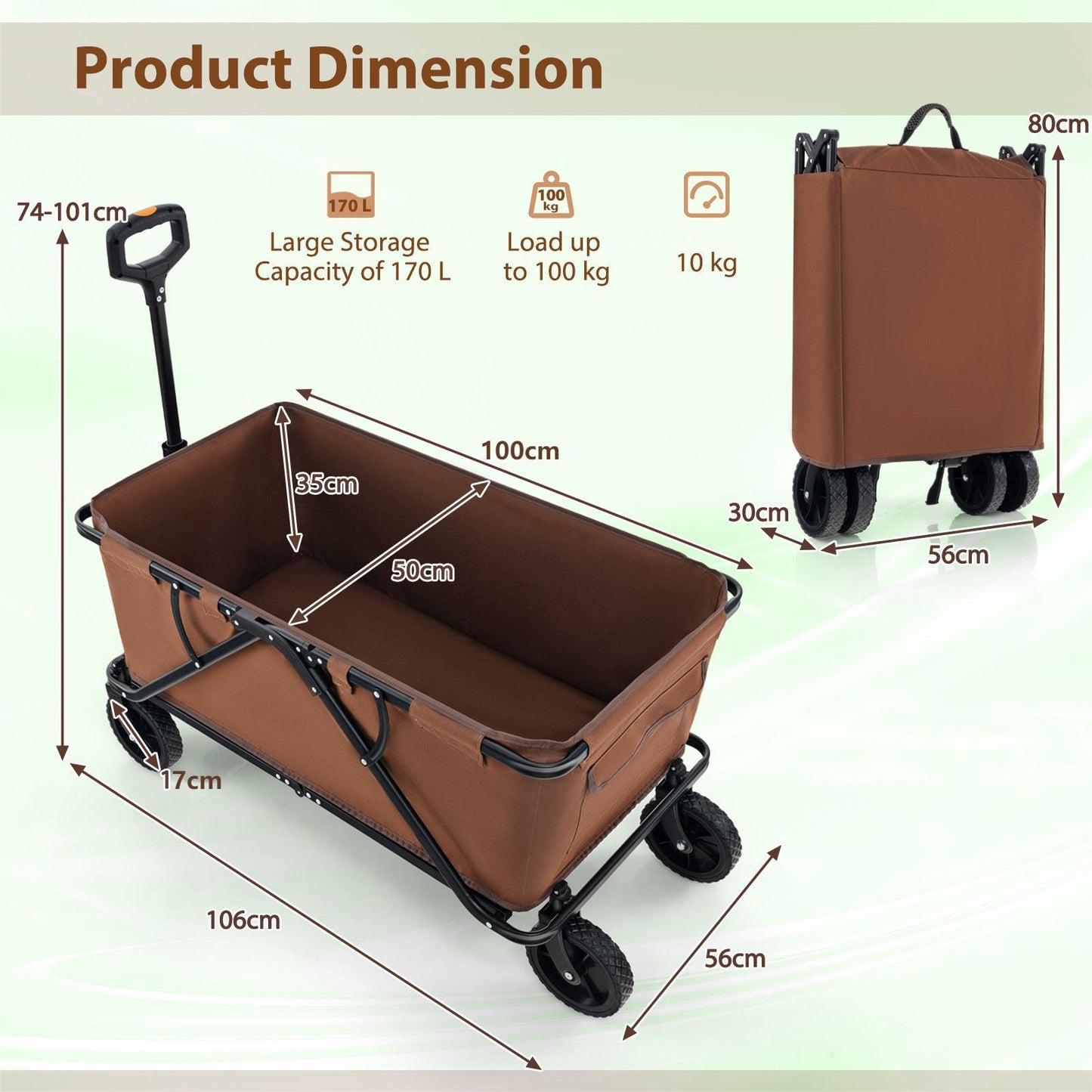 Collapsible Foldable Wagon Cart with Adjustable Handlebar-Coffee