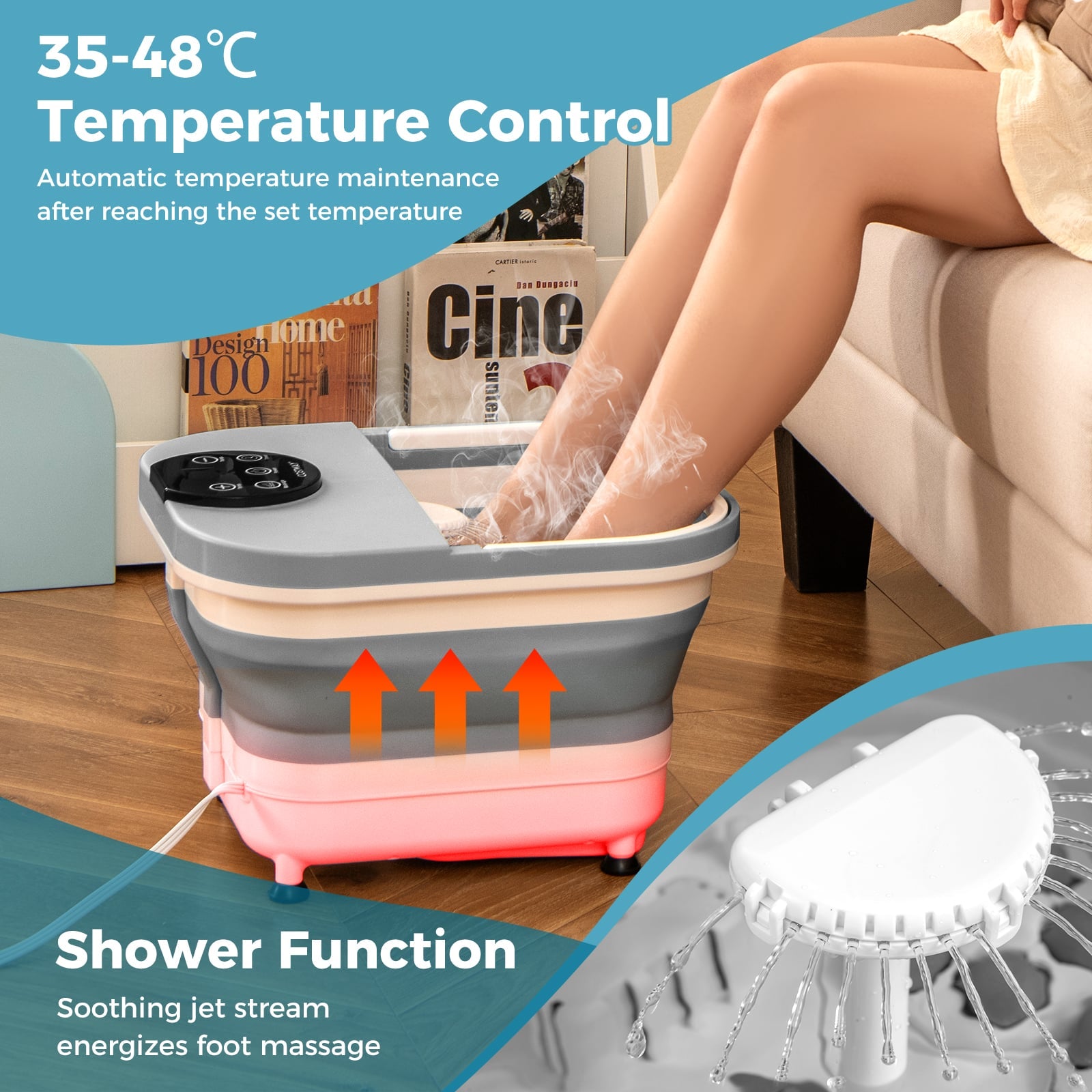 Collapsible Foot Spa Massager Bath Tub with Heat Shower and Timer-Grey