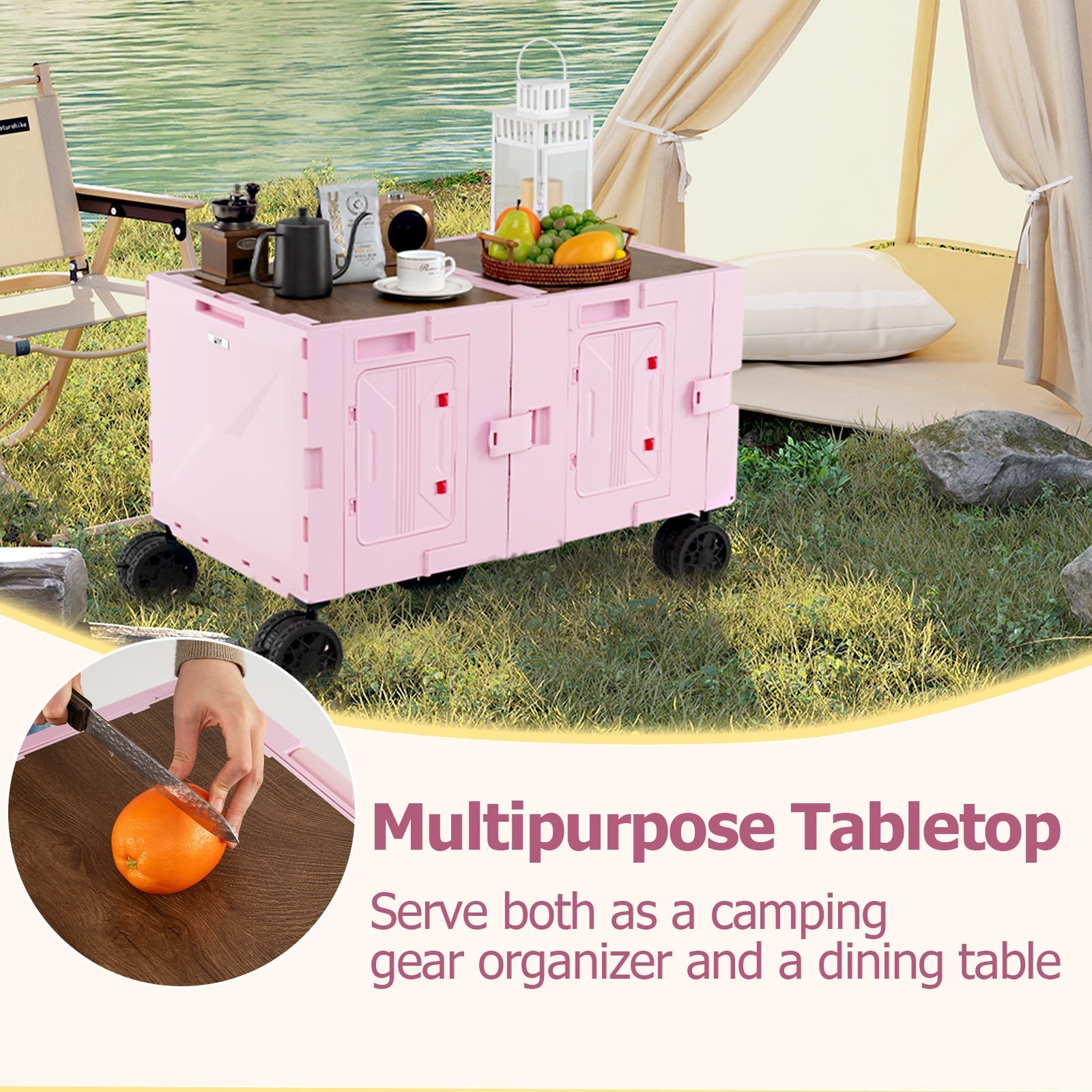 Collapsible Wagon Cart Foldable Utility Cart with Telescoping Handle-Pink