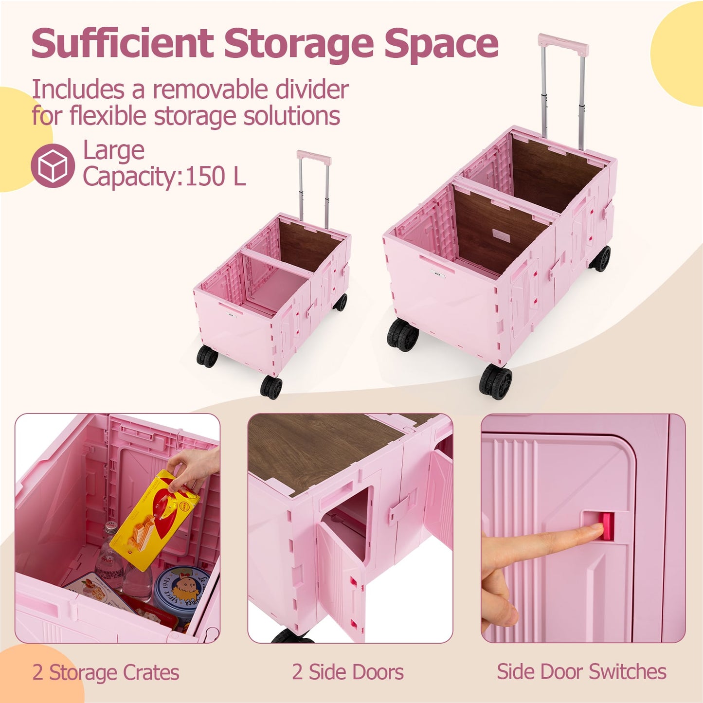 Collapsible Wagon Cart Foldable Utility Cart with Telescoping Handle-Pink