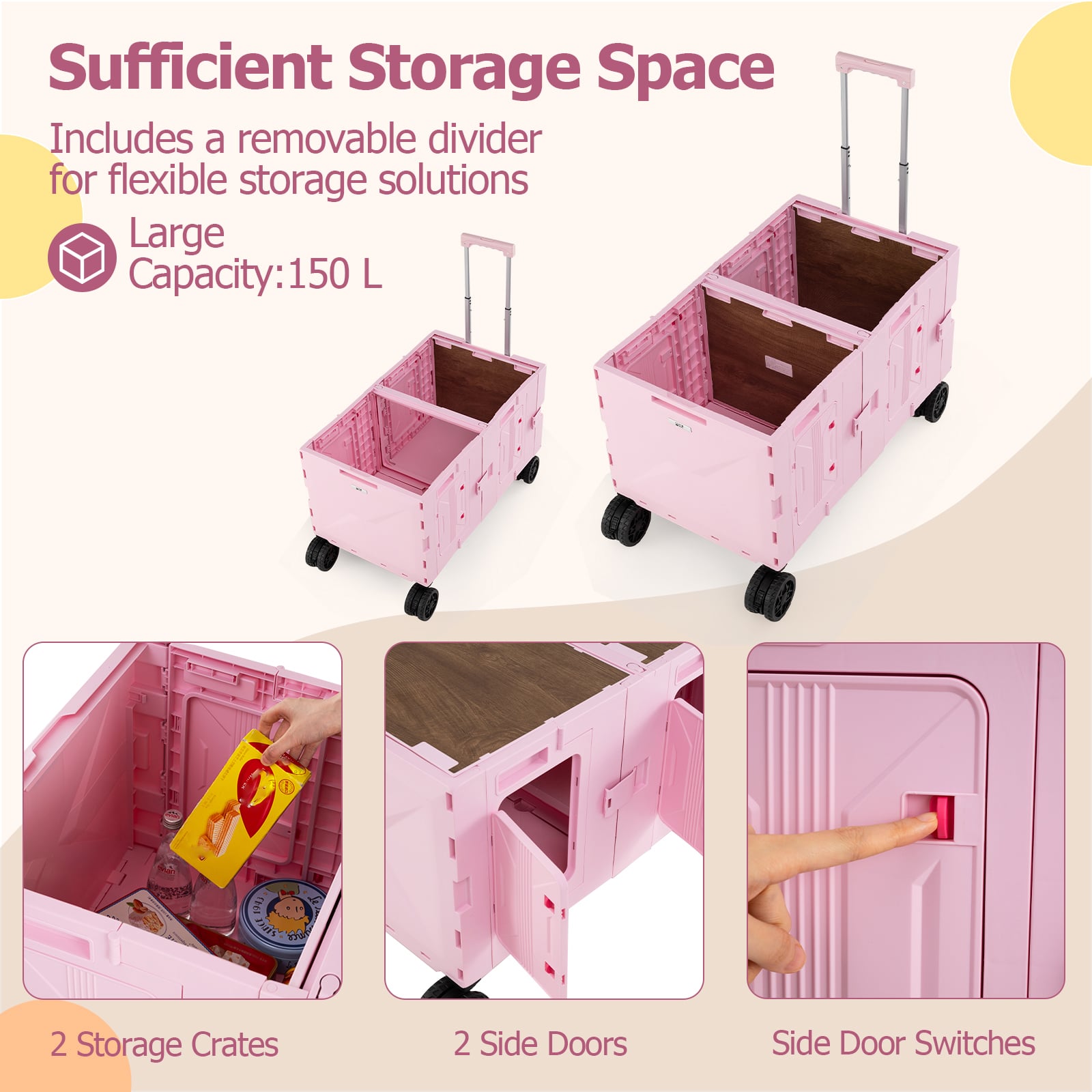 Collapsible Wagon Cart Foldable Utility Cart with Telescoping Handle-Pink