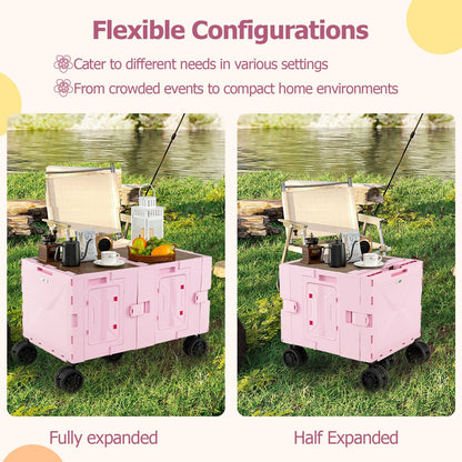 Collapsible Wagon Cart Foldable Utility Cart with Telescoping Handle-Pink