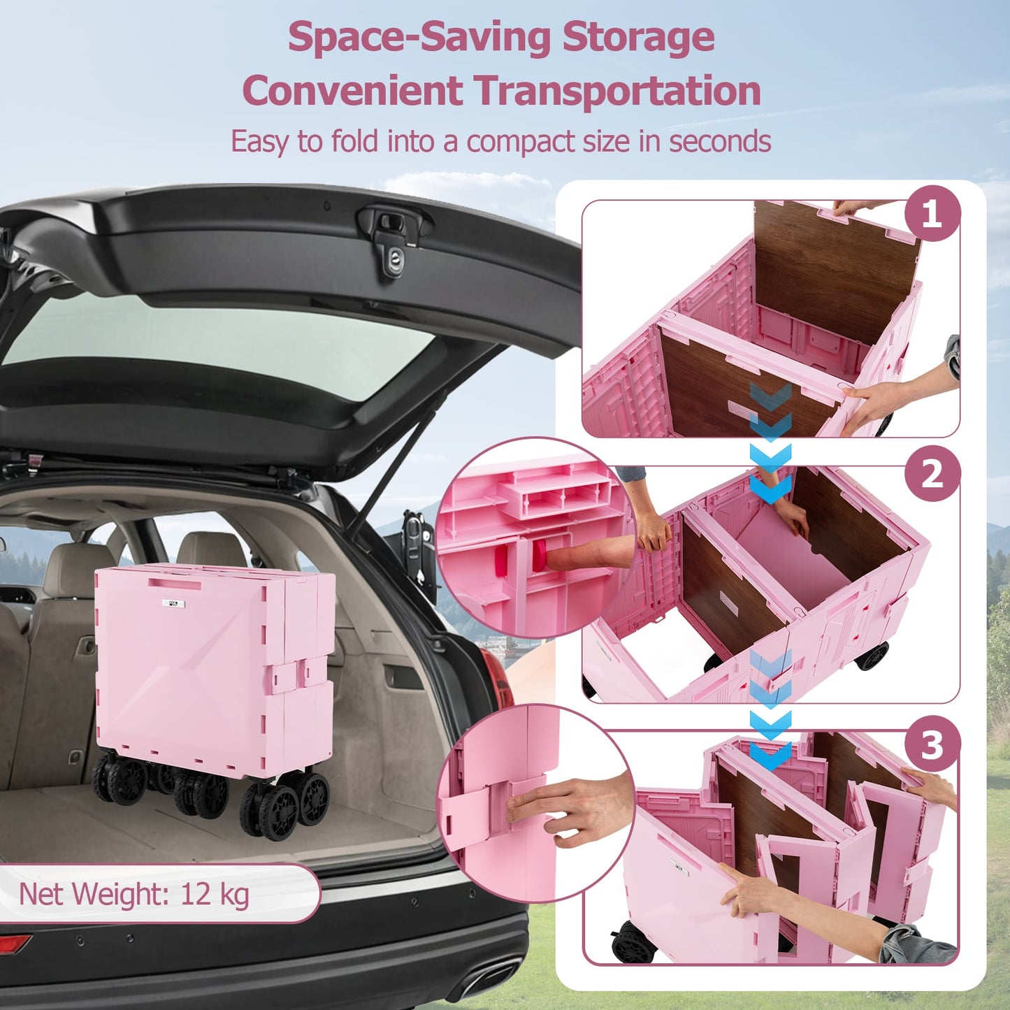 Collapsible Wagon Cart Foldable Utility Cart with Telescoping Handle-Pink