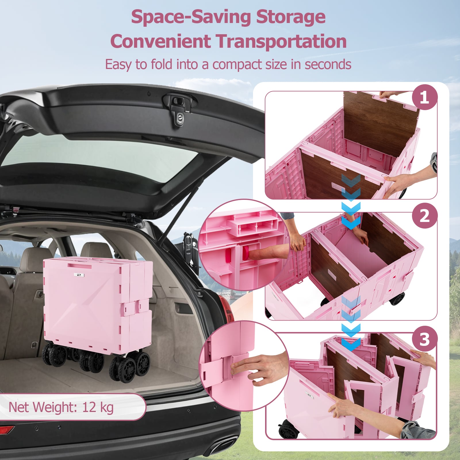 Collapsible Wagon Cart Foldable Utility Cart with Telescoping Handle-Pink