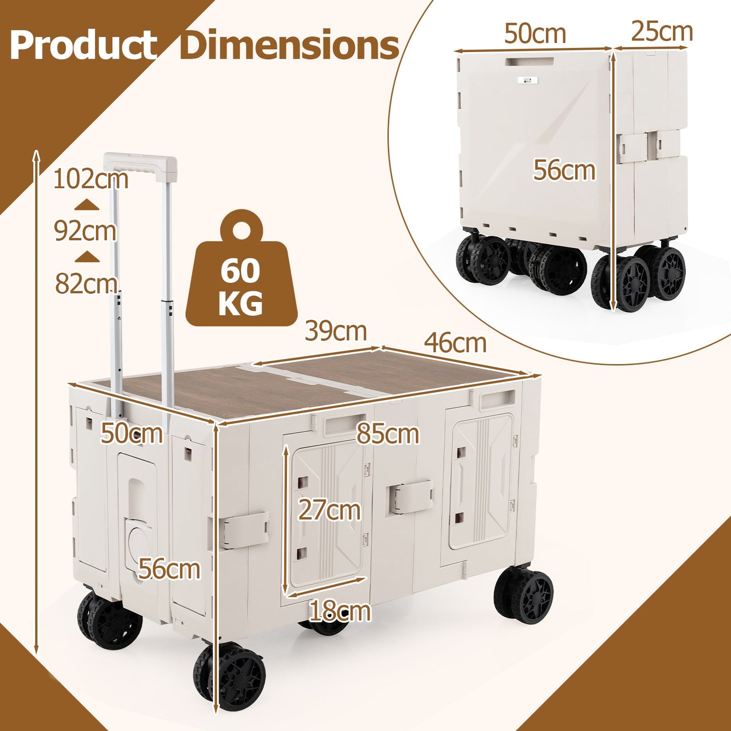 Collapsible Wagon Cart Foldable Utility Cart with Telescoping Handle-White
