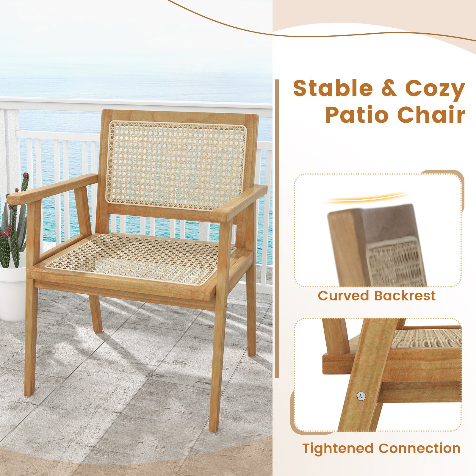 Comfortable Wood Dining Chair with Curved Backrest for Backyard Porch Balcony Set of 2